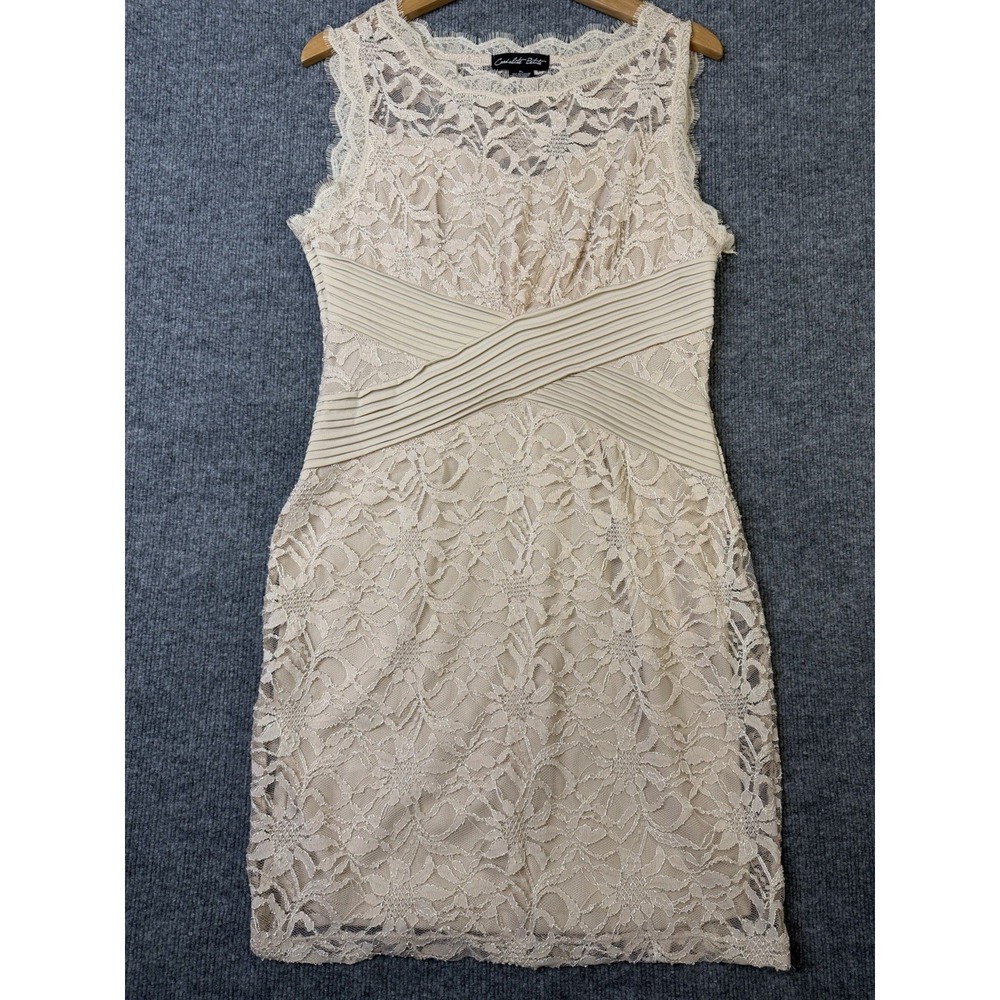 Candela Petite Lace Dress PL Beige Sheath Sleeveless Illusion Neck Stretch